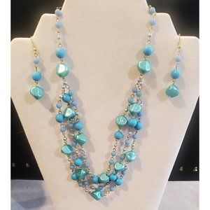 Blue Statement Acrylic Beaded Multi Strand Necklace And Earrings Set
